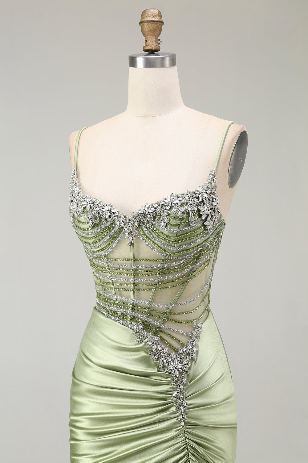 Sparkly Green Mermaid Corset Long Ruched Prom Dress with Slit