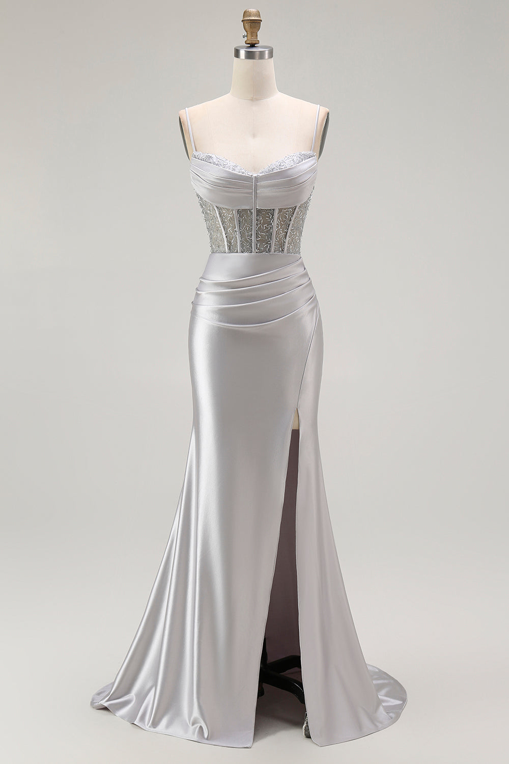 Sparkly Grey Mermaid Satin Long Corset Prom Dress with Slit