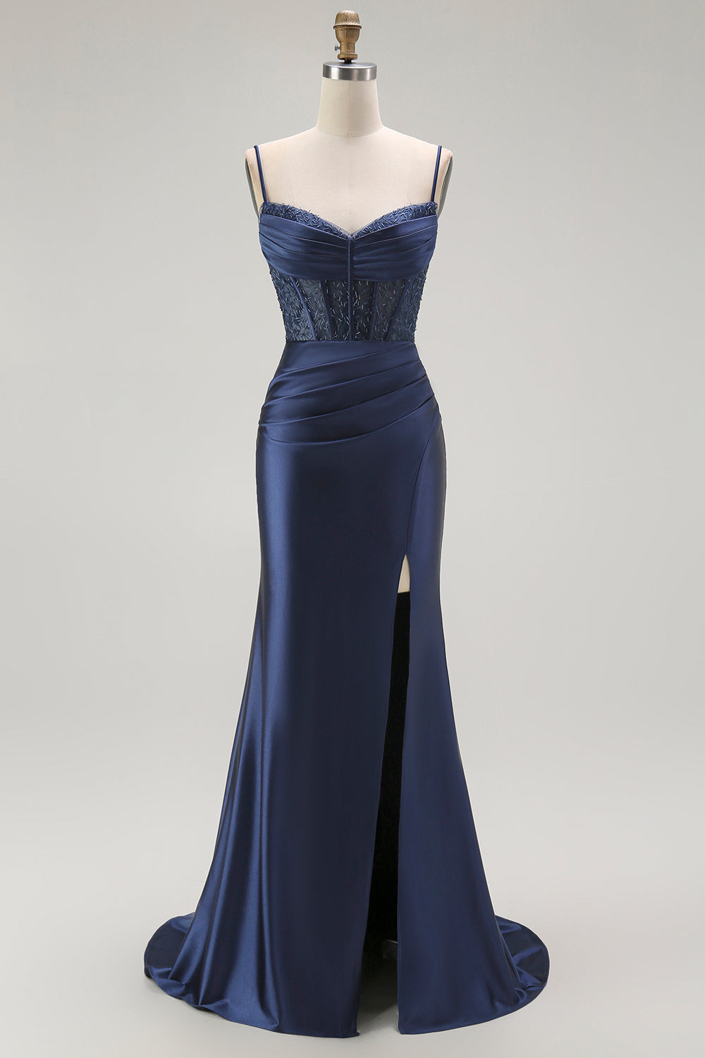 Sparkly Navy Satin Mermaid Long Corset Prom Dress with Beading
