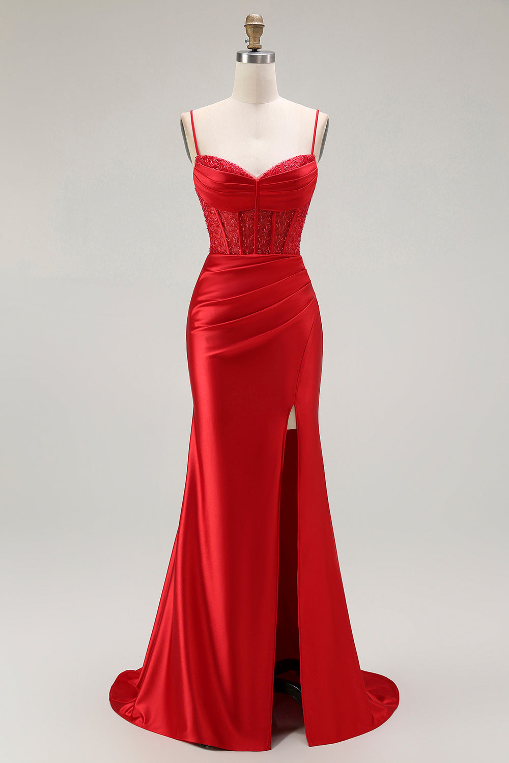Sparkly Red Satin Ruched Long Corset Prom Dress with Slit