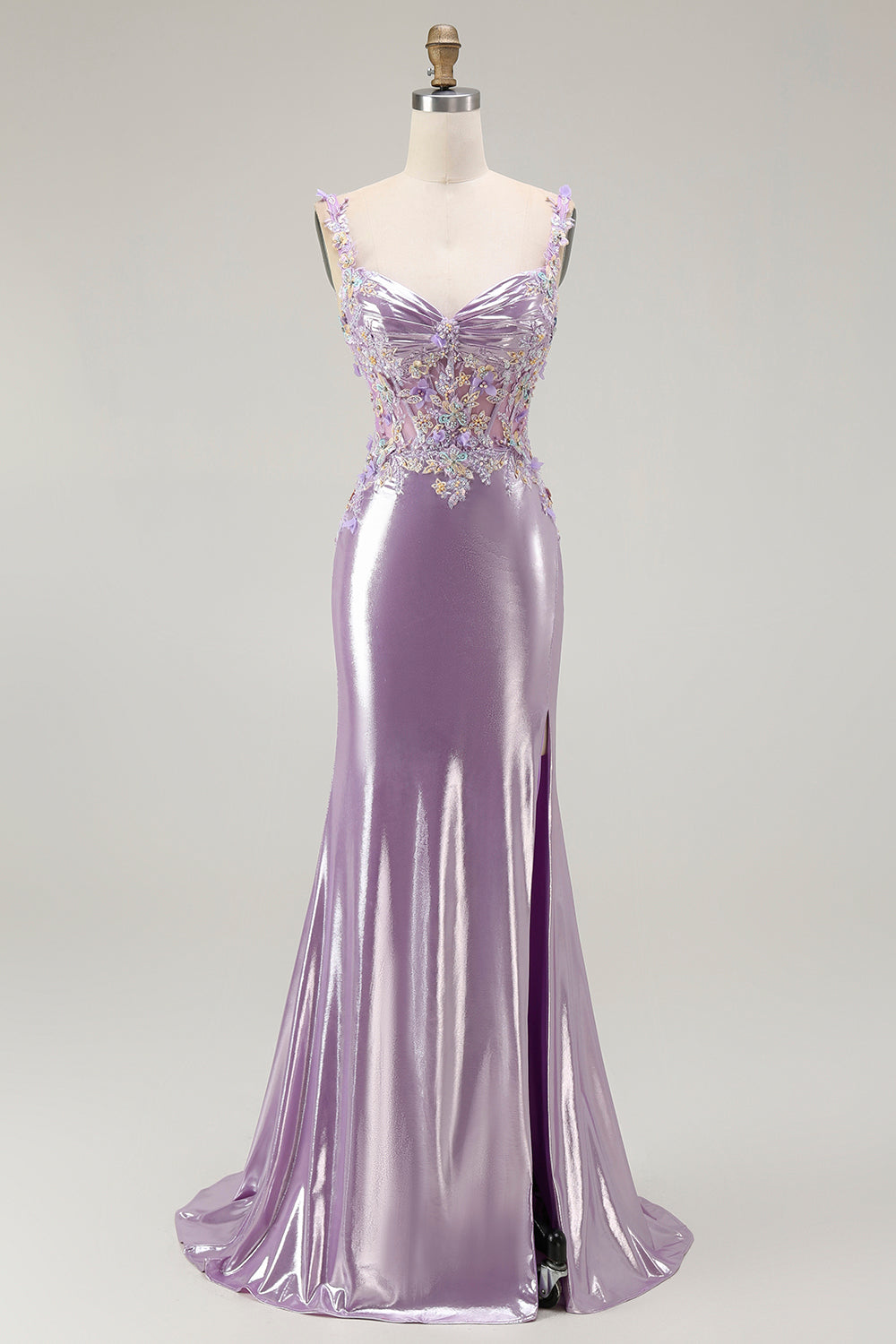 Sparkly Lilac Mermaid Floral Long Prom Dress with Slit