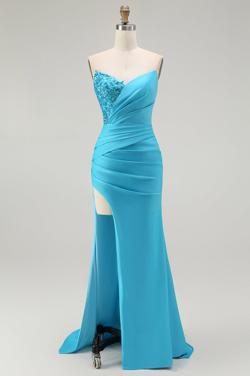 Sparkly Blue Satin Mermaid Ruched Long Prom Dress with Slit