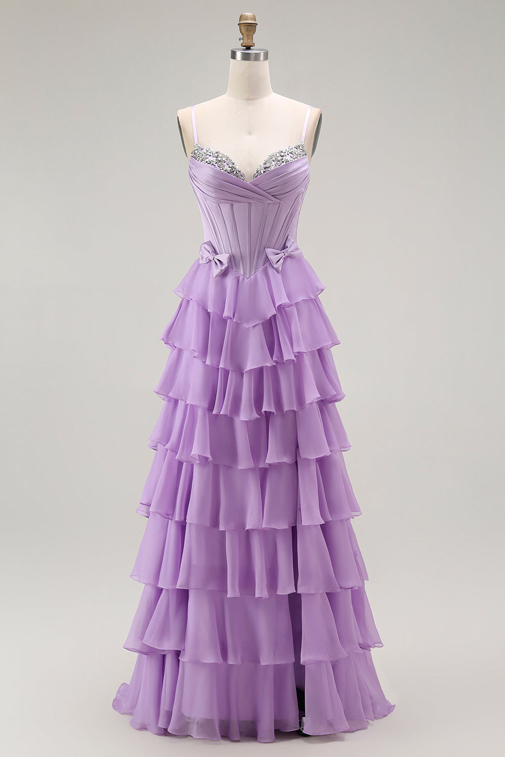 Purple Chiffon A Line Tiered Long Corset Prom Dress with Bows