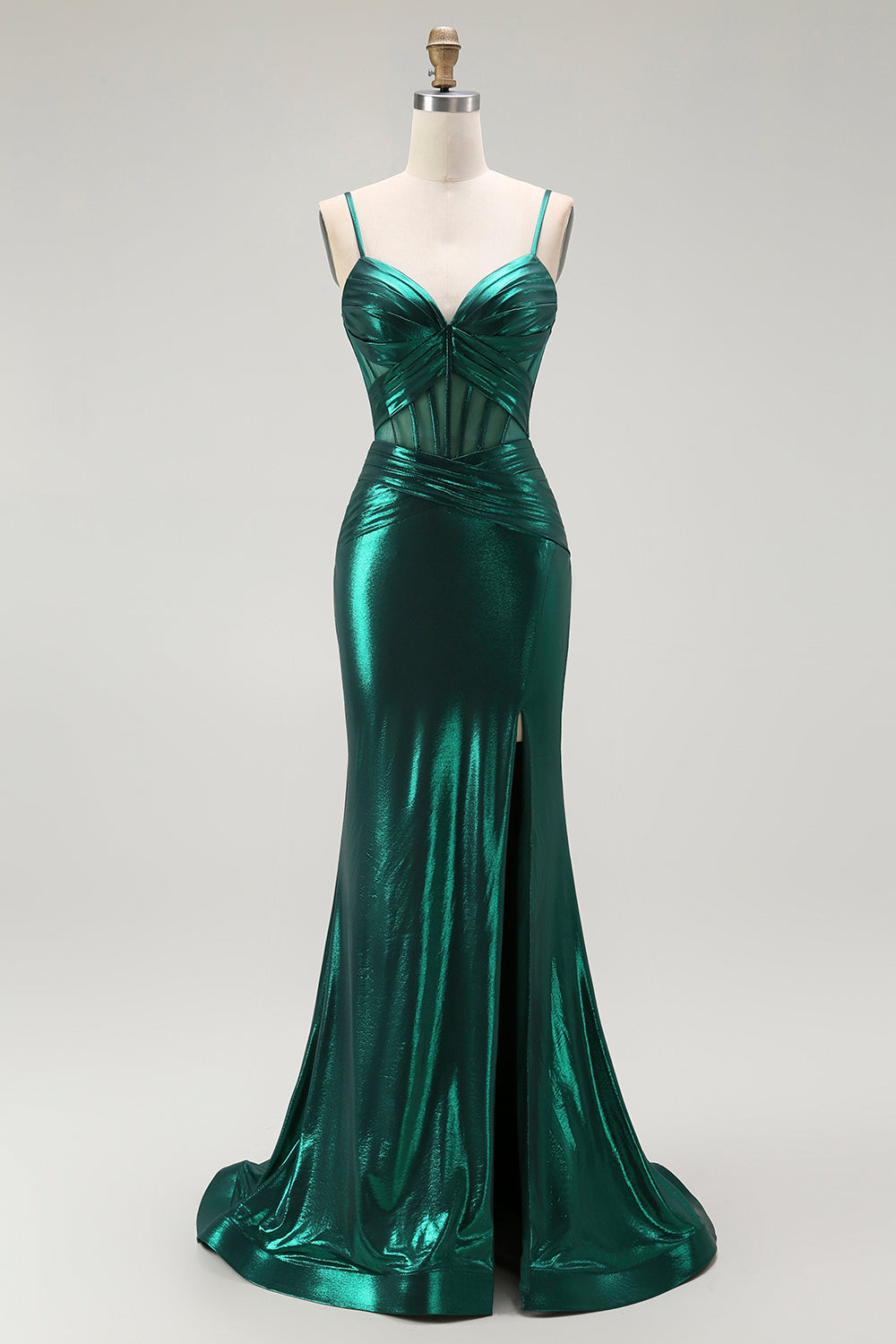 Dark Green Corset Metallic Mermaid Long Prom Dress with Slit