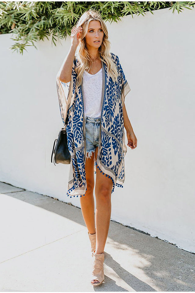 Seaside Resort Kimono Cardigan with Pompom Detail