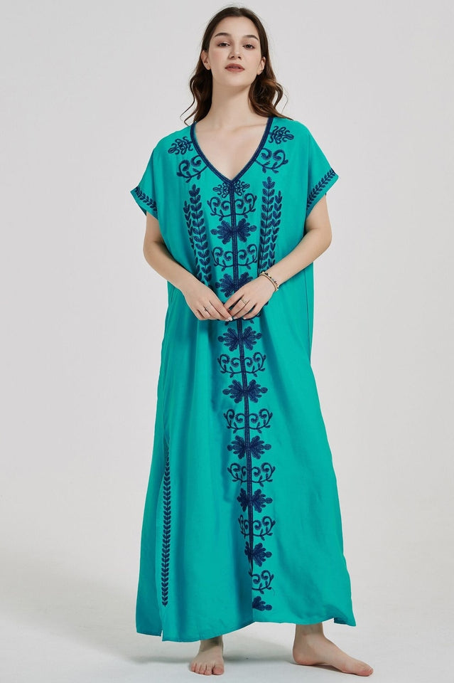 Embroidered V-Neck Short-Sleeve Kaftan Maxi Dress