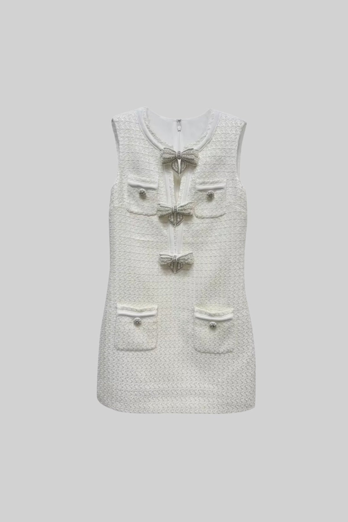 Tweed Sleeveless Rhinestone Bow Shift Mini Dress - View 2