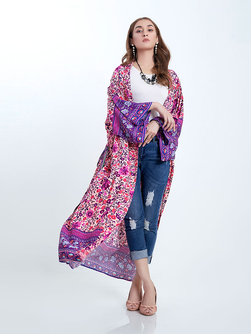 Bridal Wear Long Length Floral Print Purple Color Cotton Gown Kimono Robe - Fashionpara