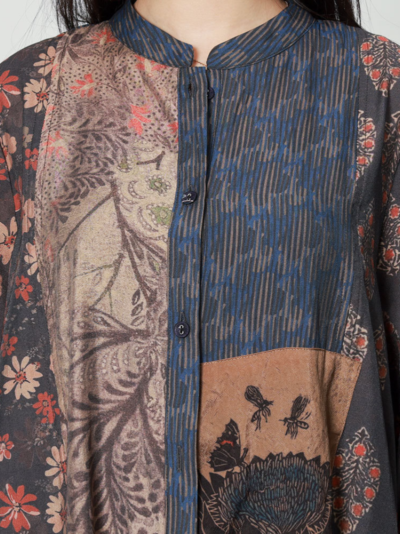 Floral Print Stand Collar Button-Down Batwing Maxi Dress 3