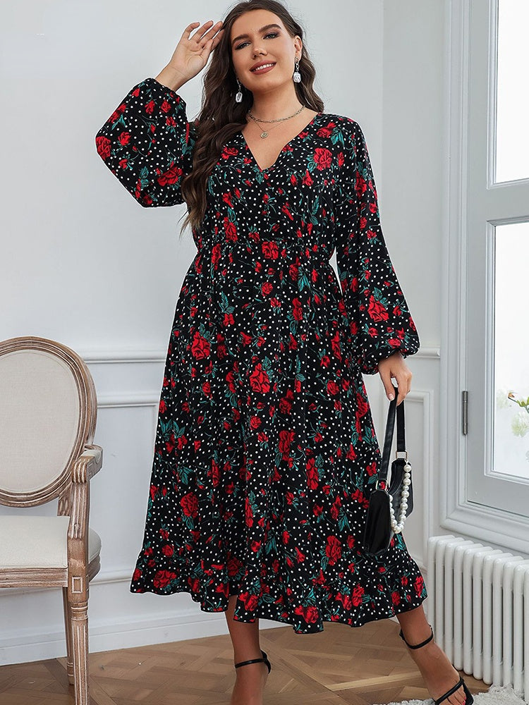Print V-Neck Swing High Waist Loose Midi Dresses 6
