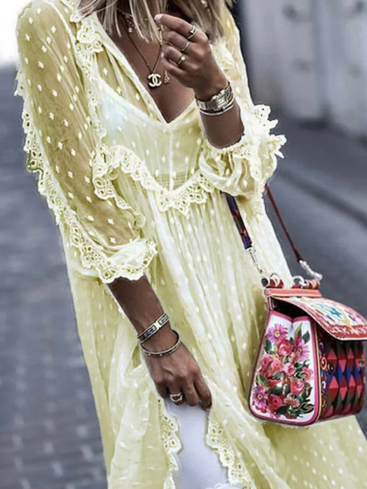 Boho Lace Trim Dotted Mesh Tiered Midi Dress 4
