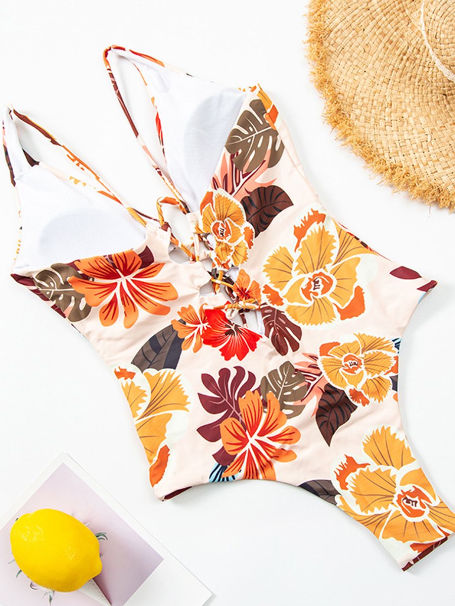Cutout Flower Print One-piece Swimwear - Fashionpara