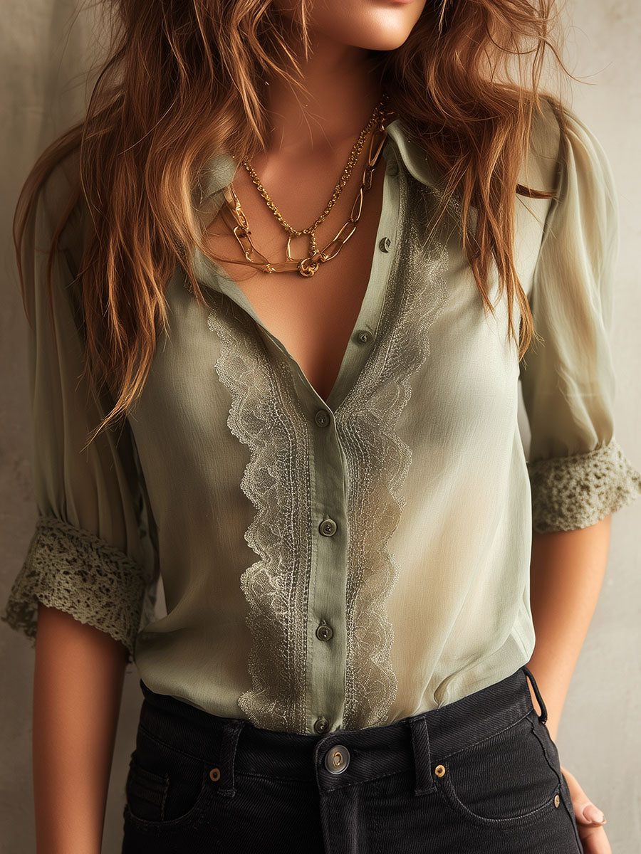Romantic Sage Green Three-quater Sleeves Sheer Lace Blouse - Fashionpara