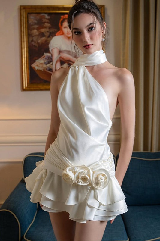 Satin Halter Neck Ruched Rosette Tiered Ruffle Mini Party Dress
