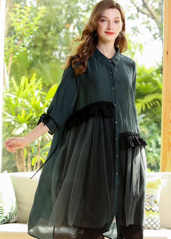 Collared Button Down Ruffle Mesh Layer Three Quarter Shirt Dress