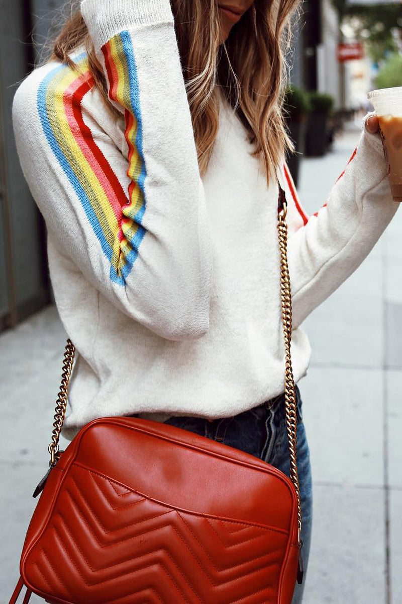 Rainbow Double Print White Sweater  Fashionpara