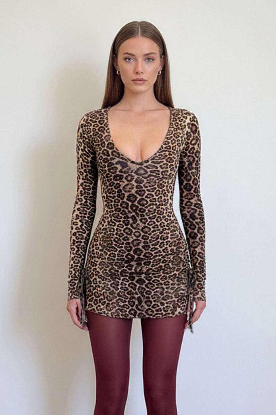 Leopard Print Long Sleeve Scoop Neck Bodycon Mini Dress