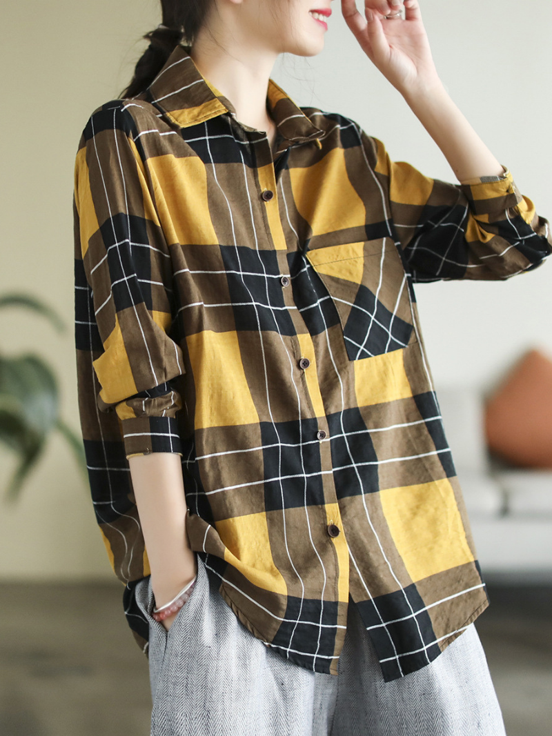Long Sleeve Lapel Plaid Loose Causal Shirt Dress 9