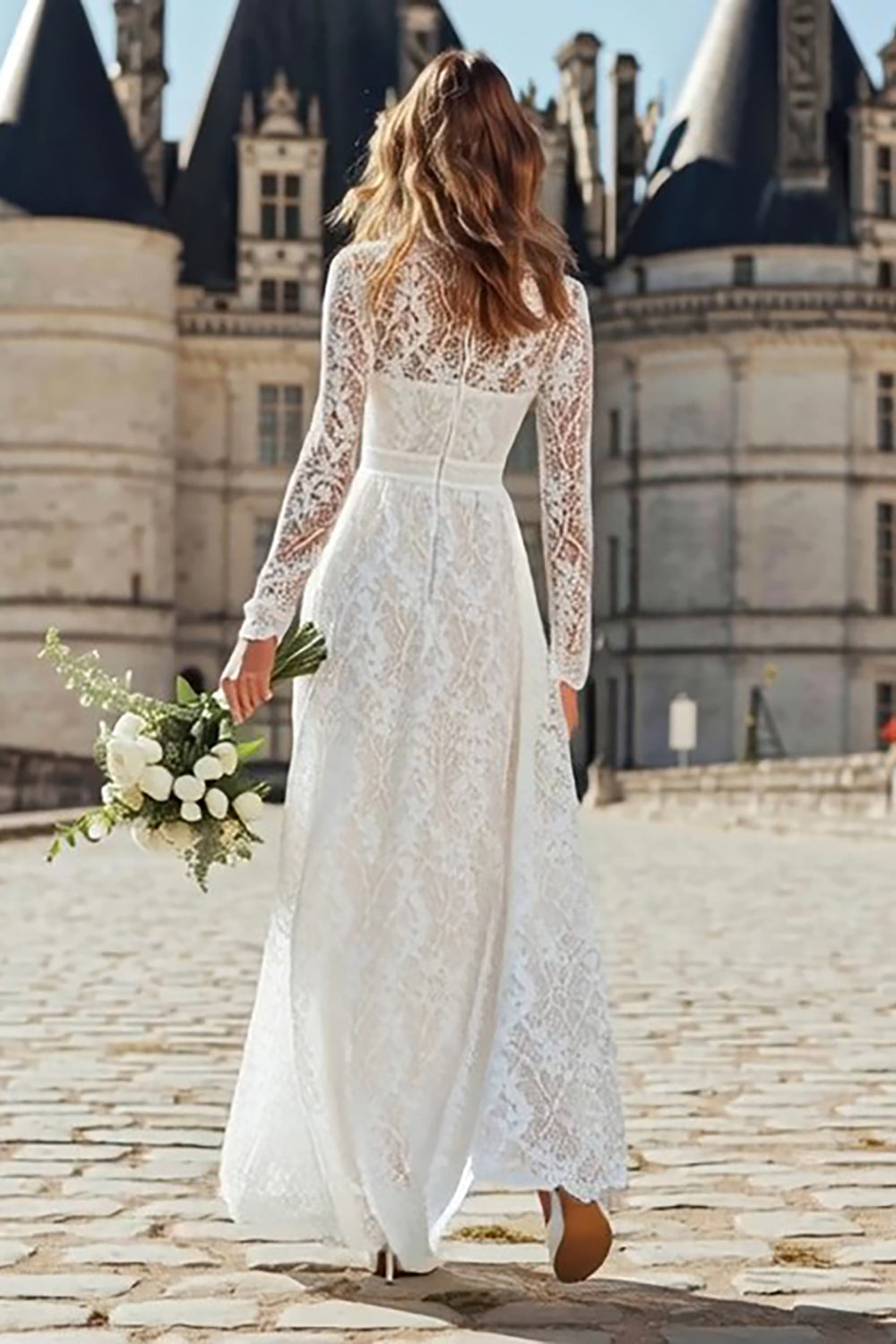 Ivory Lace High Neck Floor Length Wedding Dress with Sleeves