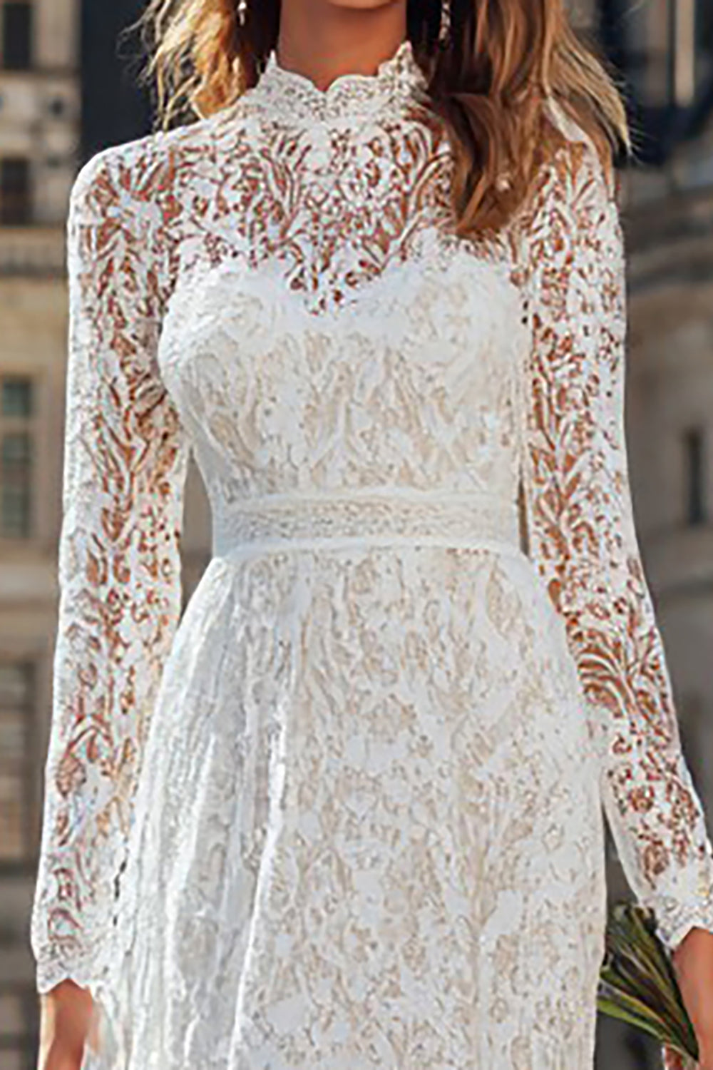 Ivory Lace High Neck Floor Length Wedding Dress with Sleeves