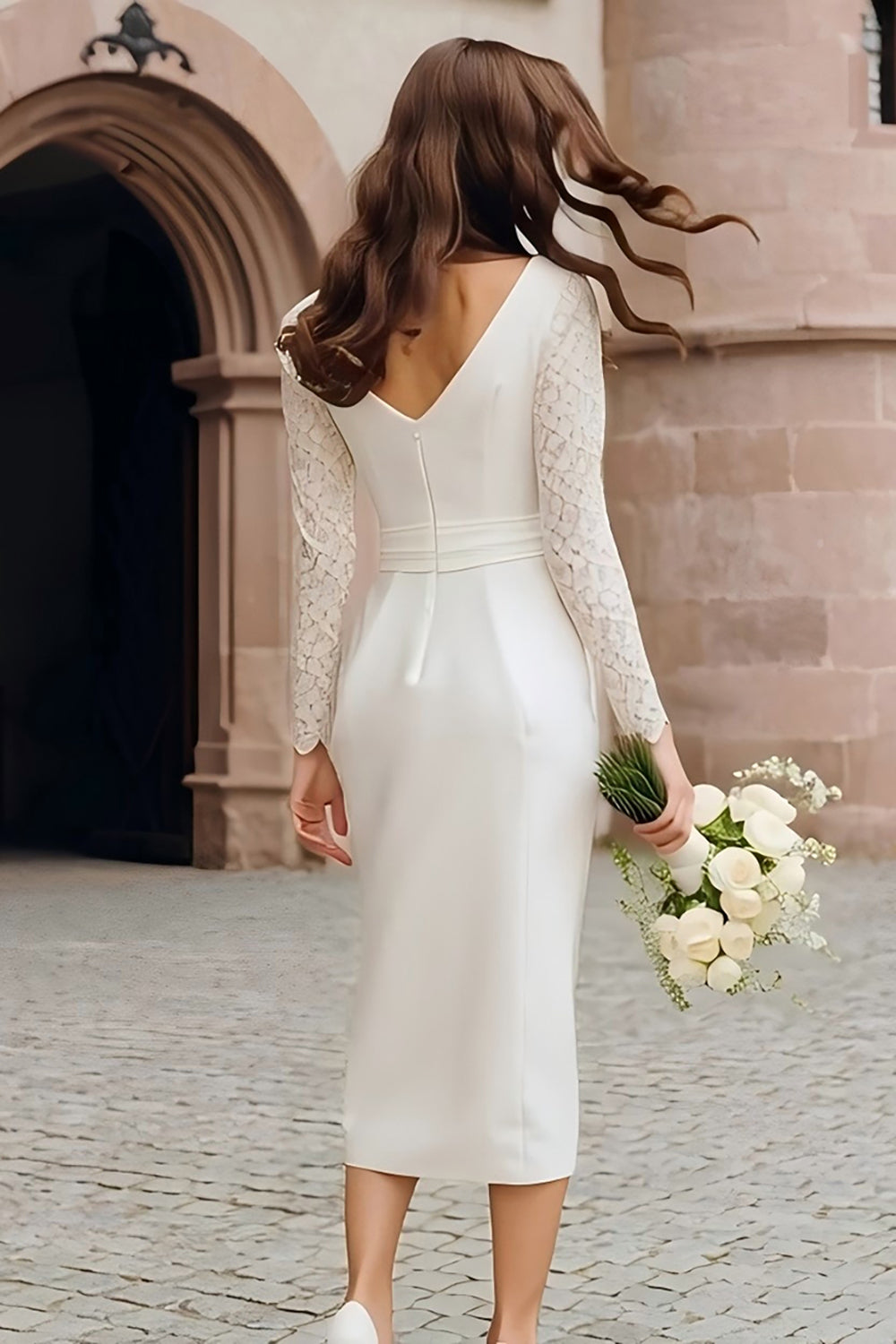 Ivory Bodycon Boat Neck Midi Wedding Reception Dress with Lace