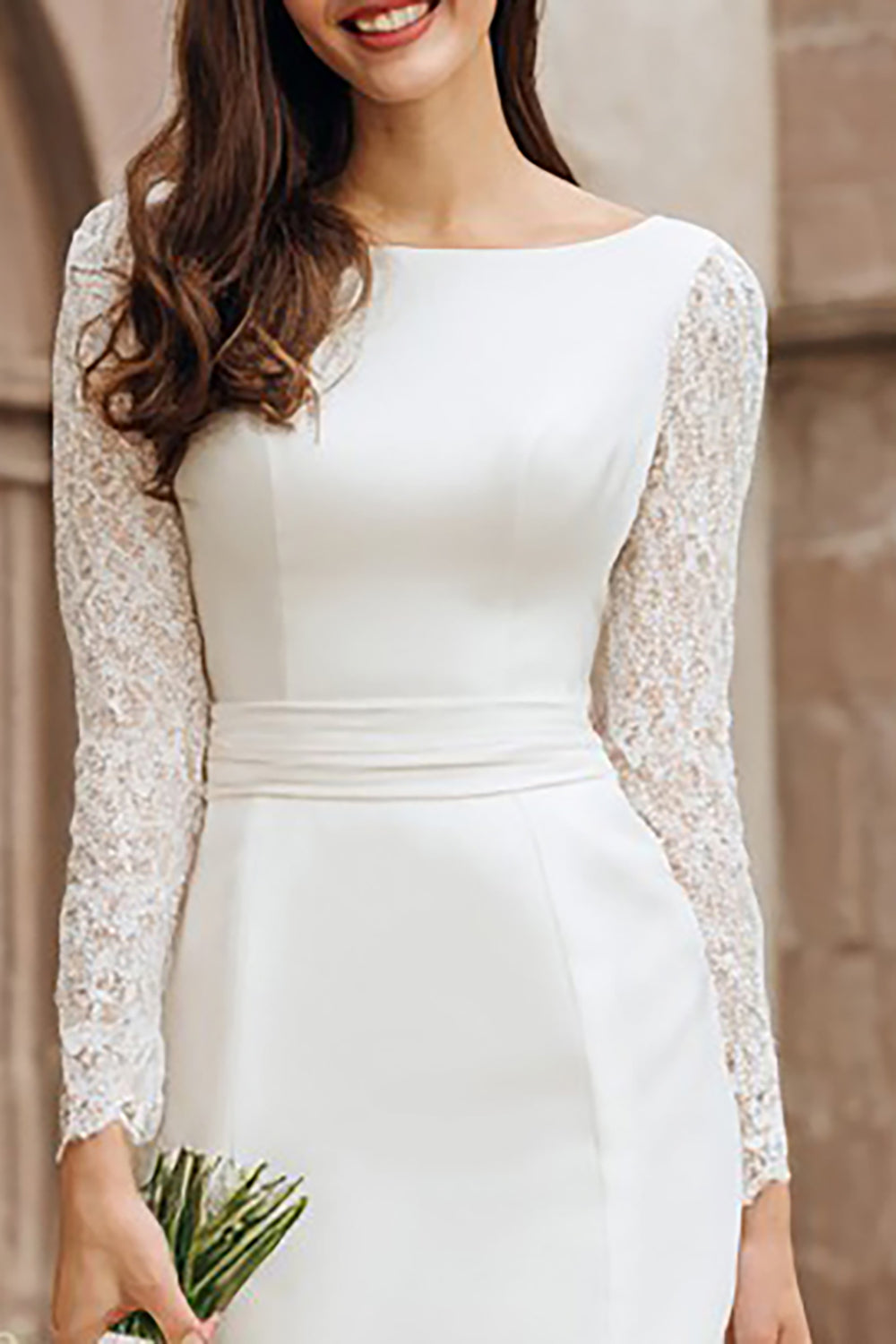 Ivory Bodycon Boat Neck Midi Wedding Reception Dress with Lace