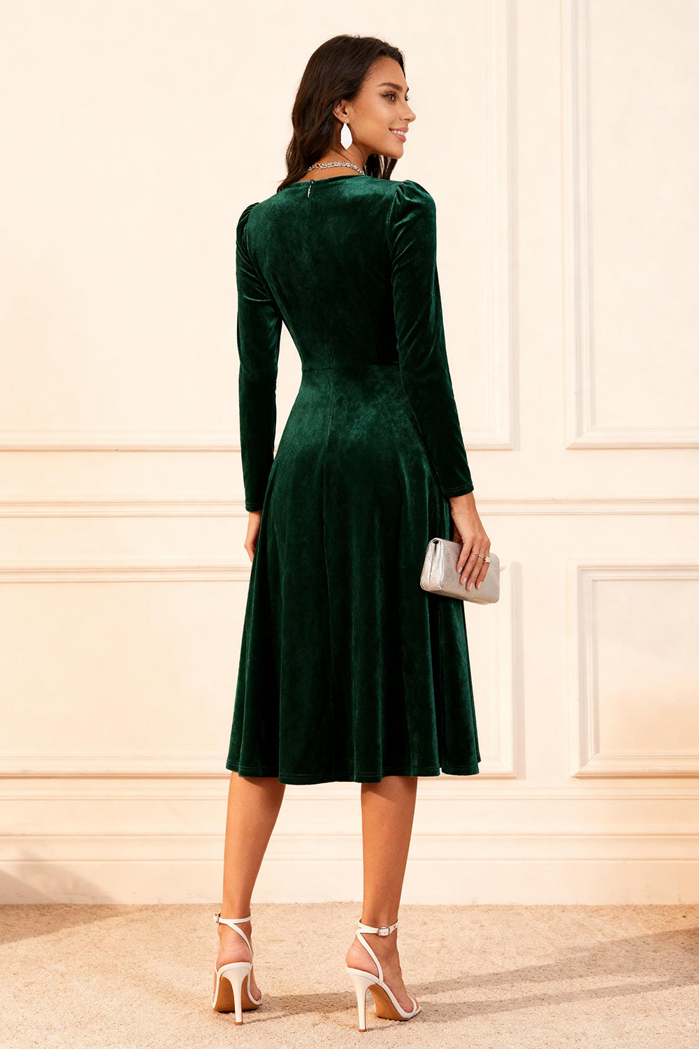 Dark Green A Line Velvet Midi Glitter Holiday Party Dress with Sleeves