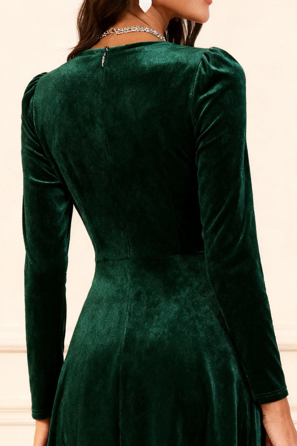 Dark Green A Line Velvet Midi Glitter Holiday Party Dress with Sleeves