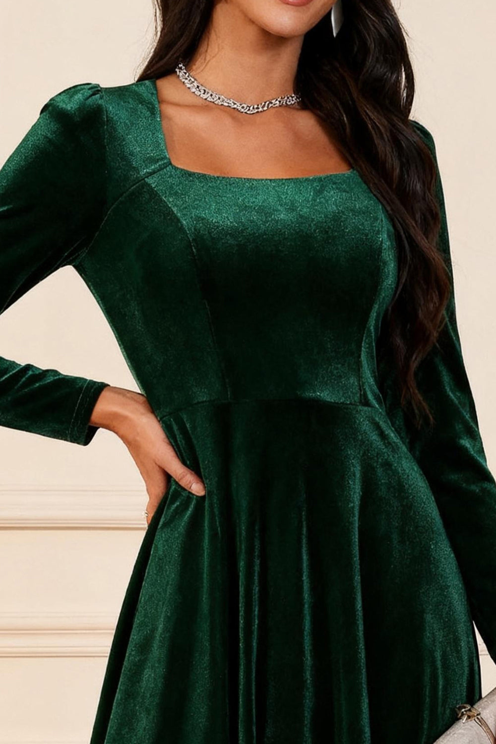 Dark Green A Line Velvet Midi Glitter Holiday Party Dress with Sleeves