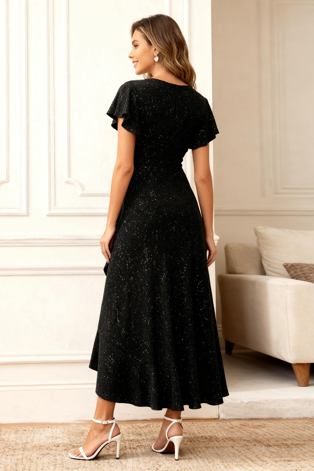 Black Round Neck Midi Glitter Holiday Party Dress with Sleeves