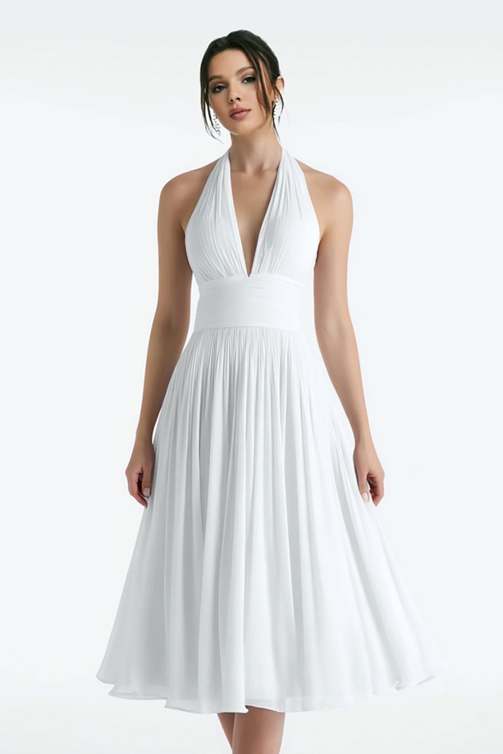 White Chiffon A Line Halter Midi Wedding Reception Dress