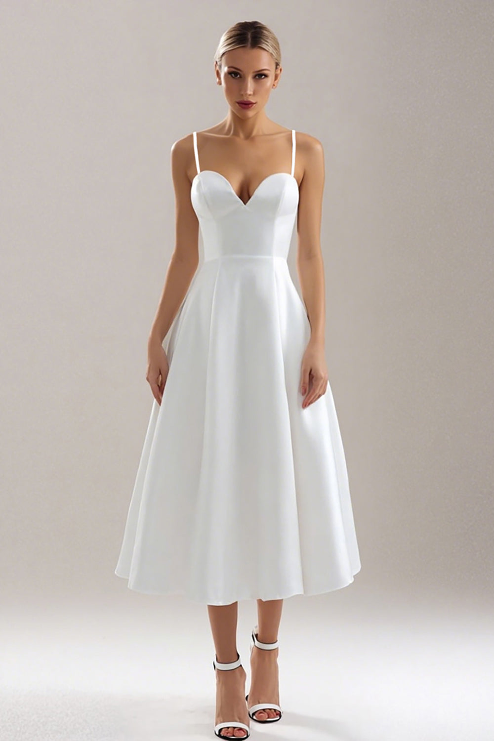 White Satin A Line Spaghetti Straps Midi Wedding Reception Dress