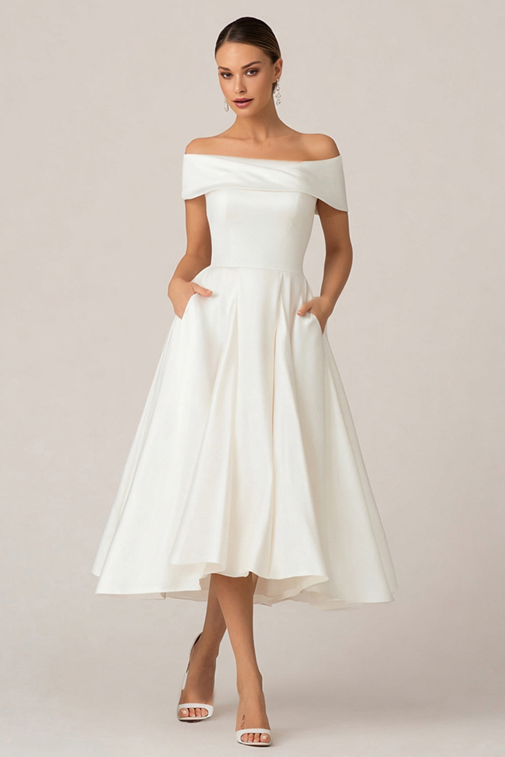 White Satin Off the Shoulder Midi Wedding Reception Dress with Pockets