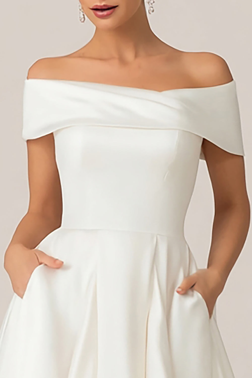 White Satin Off the Shoulder Midi Wedding Reception Dress with Pockets