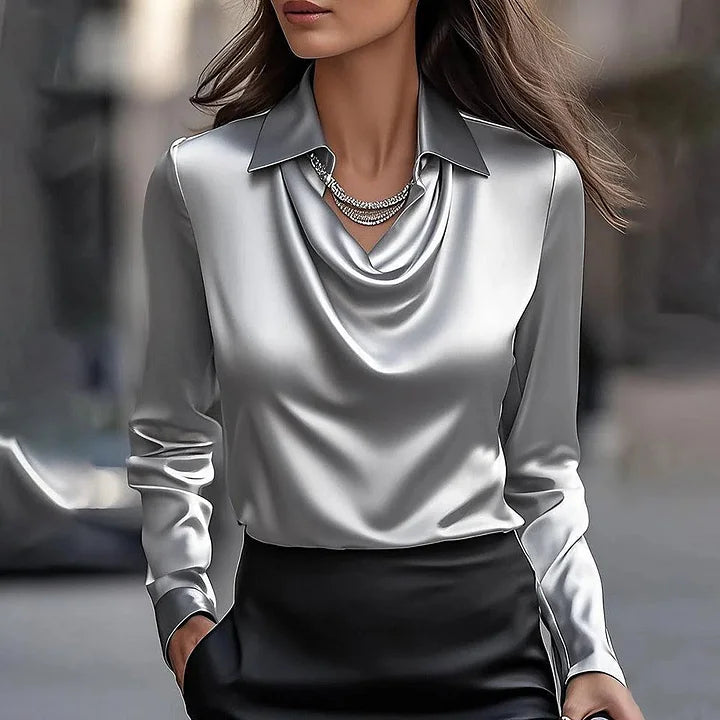 Collared Cowl Neck Long Sleeve Satin Blouse 4