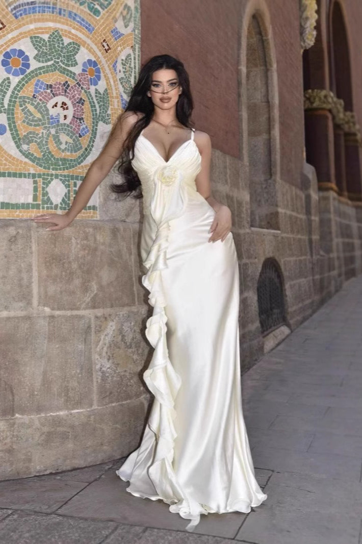 Satin V-Neck Rosette Ruffle Bias-Cut Maxi Gown
