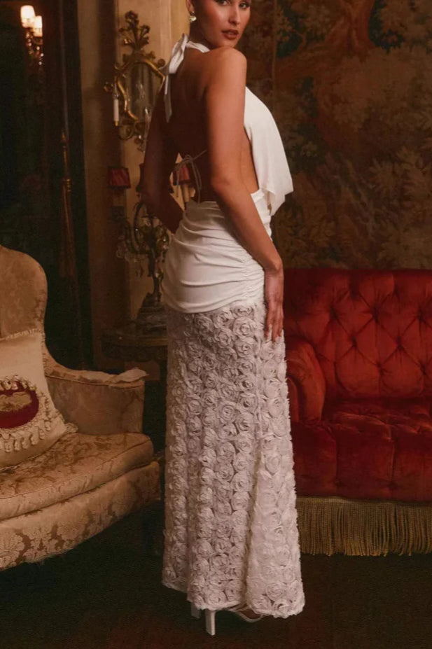 Rosette Textured Halter Neck Cowl Neck Maxi Gown 3
