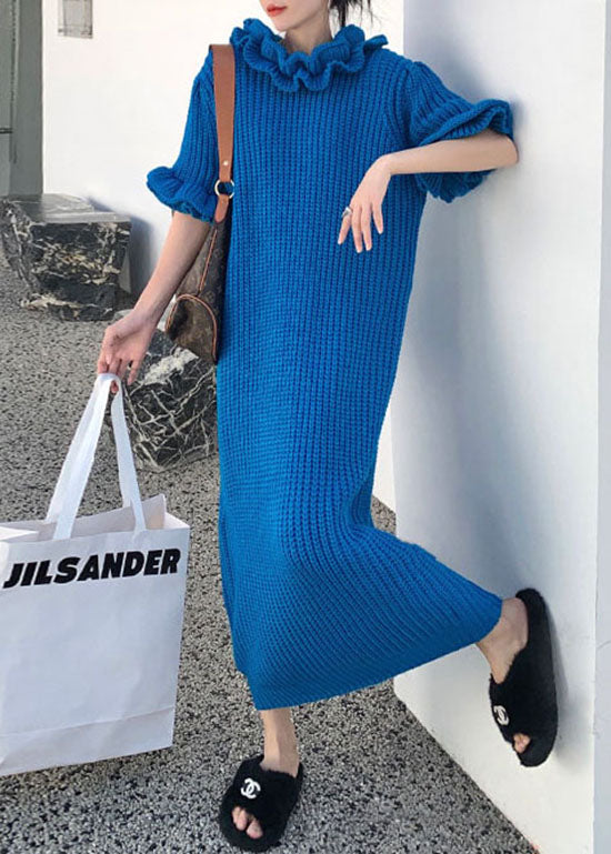 Rib Knit Ruffle Mock Neck Puff Sleeve Oversized Shift Maxi Dress - View 2