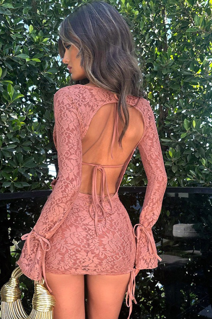 Solid Tie Lace Long Sleeve Skirt Two Piece Set