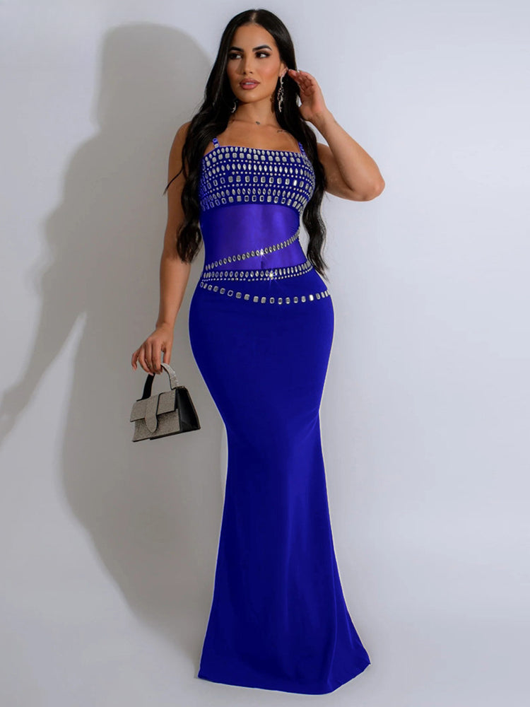 Rhinestone Spaghetti Strap Cut Out Mermaid Gown 3