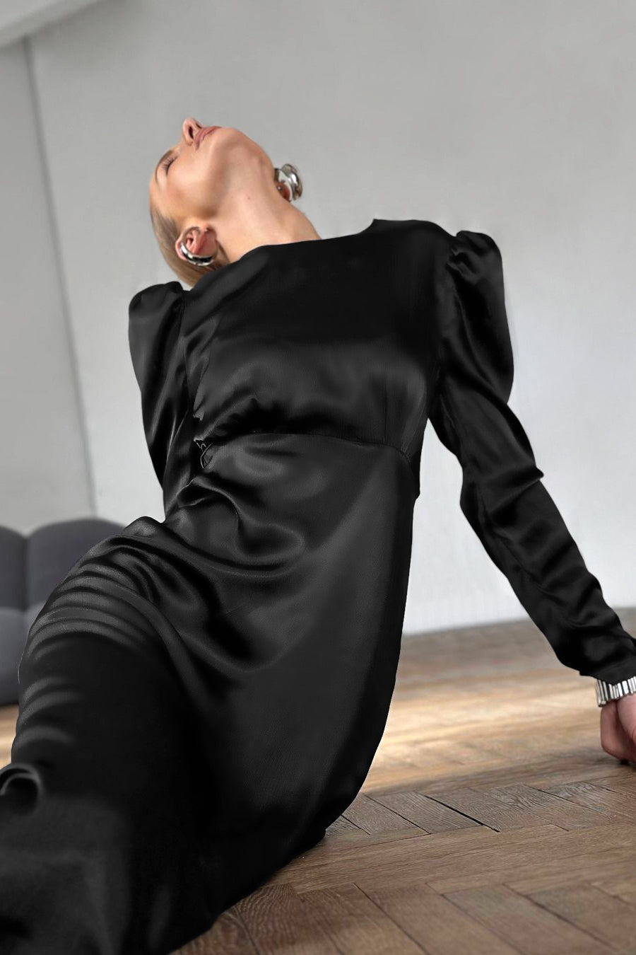 Satin Round Neck Long Sleeve Puff Shoulder Midi Dress 4