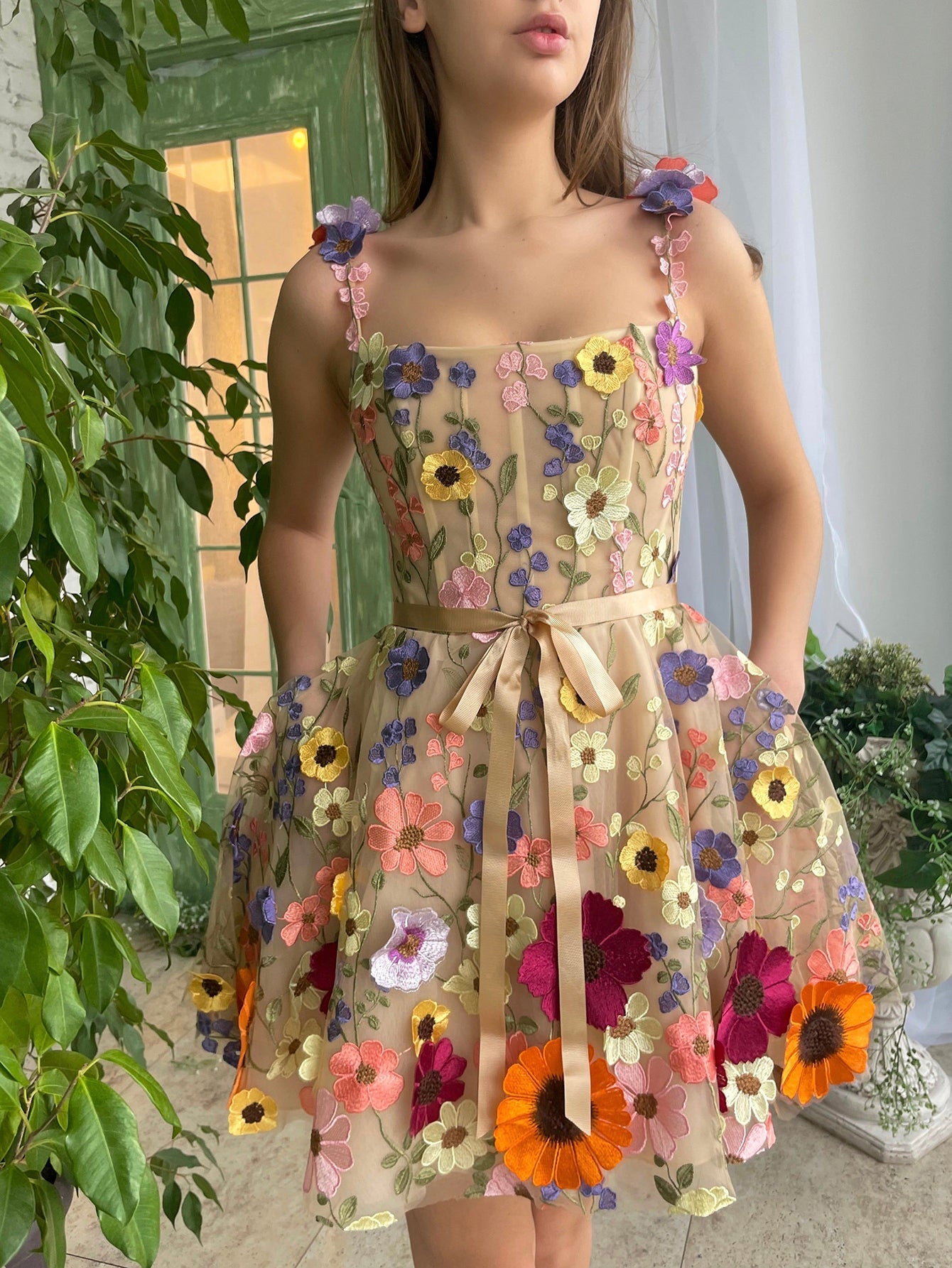 A Line Floral Beige Short Homecoming Dress With 3D Flowers - Fashionpara