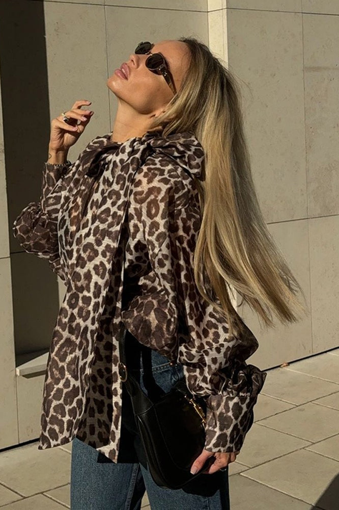 Leopard Print Tie Neck Blouse - Fashionpara