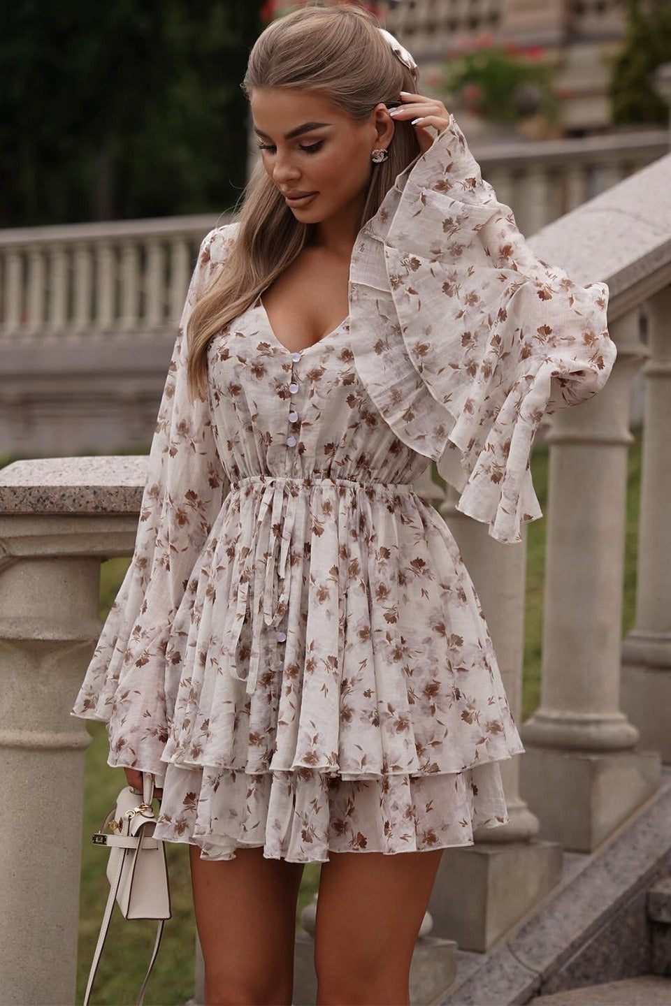 Floral Print V-Neck Bell Sleeve Tiered Ruffle Mini Dress