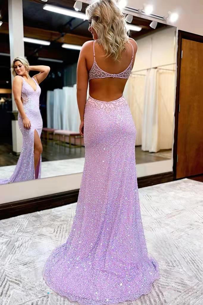 New Style V Neck Sleeveless Long Prom Dress, Sparkly Sequined Evening Dress With Slit - Fashionpara