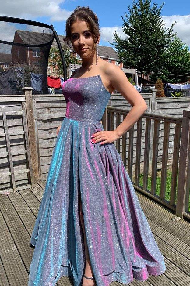 A-Line Purple Multi Sequin Strapless Prom Gown - Fashionpara