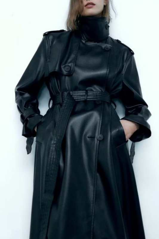 Belted Black Long Faux Leather Casual Versatile Overcoat - Fashionpara