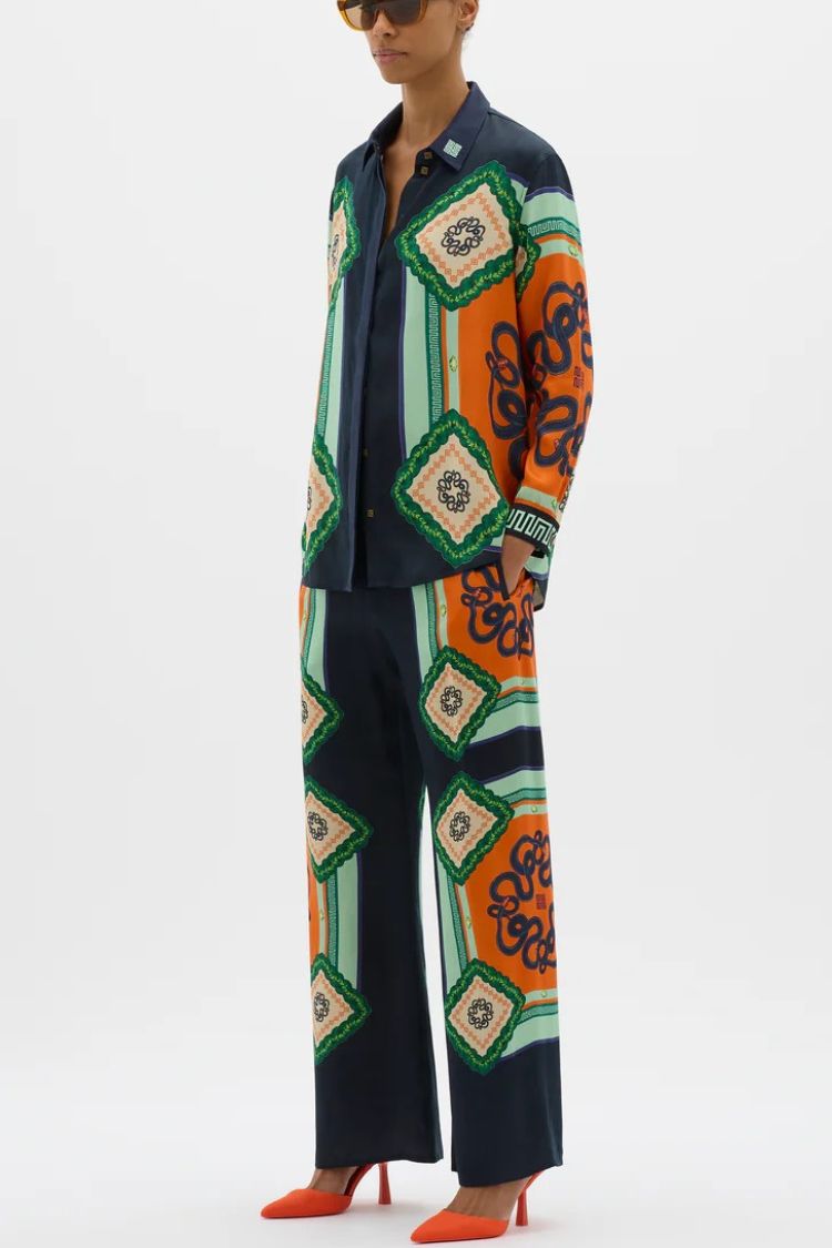 Vacation Times Satin Unique Print Long Sleeve Shirt And Elastic Waist Pocketed Wide Leg Pants - Fashionpara