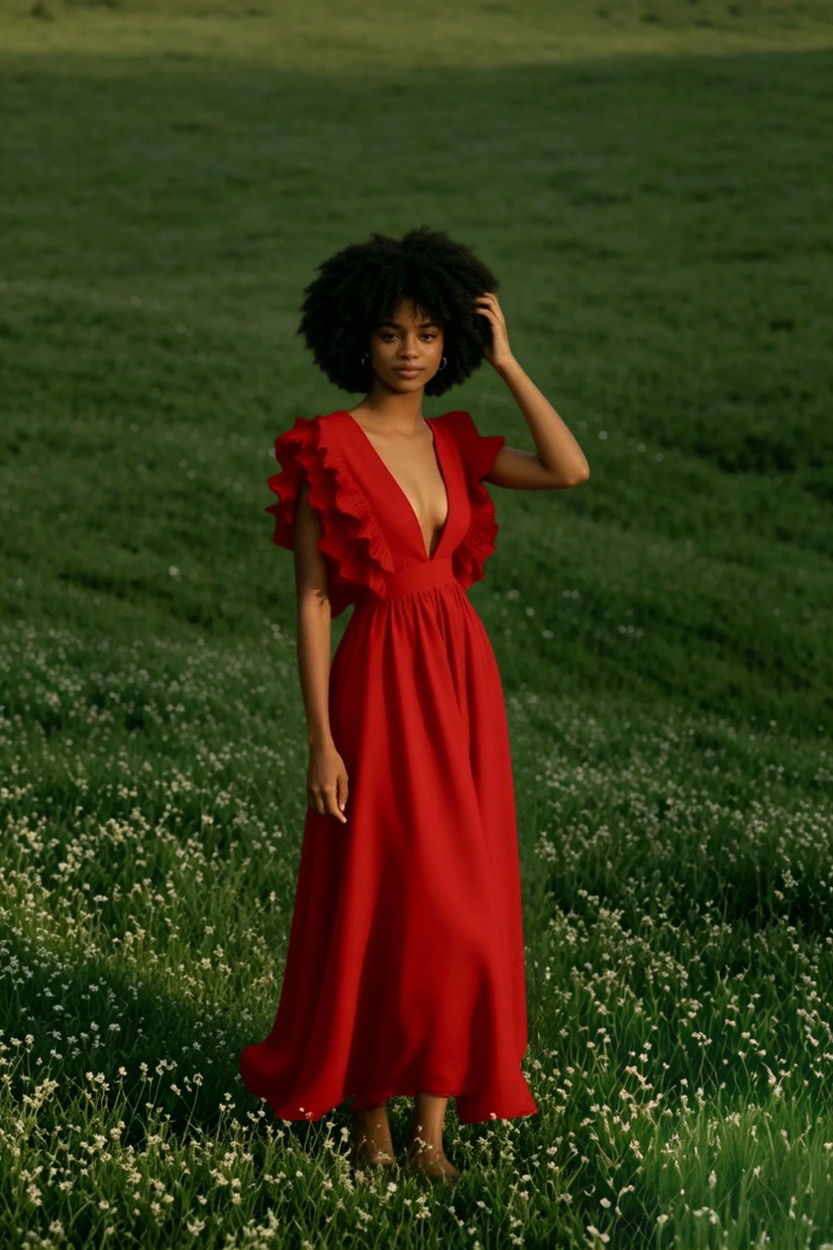 Deep V-Neck Ruffle Sleeve Pleated A-Line Maxi Dress 4