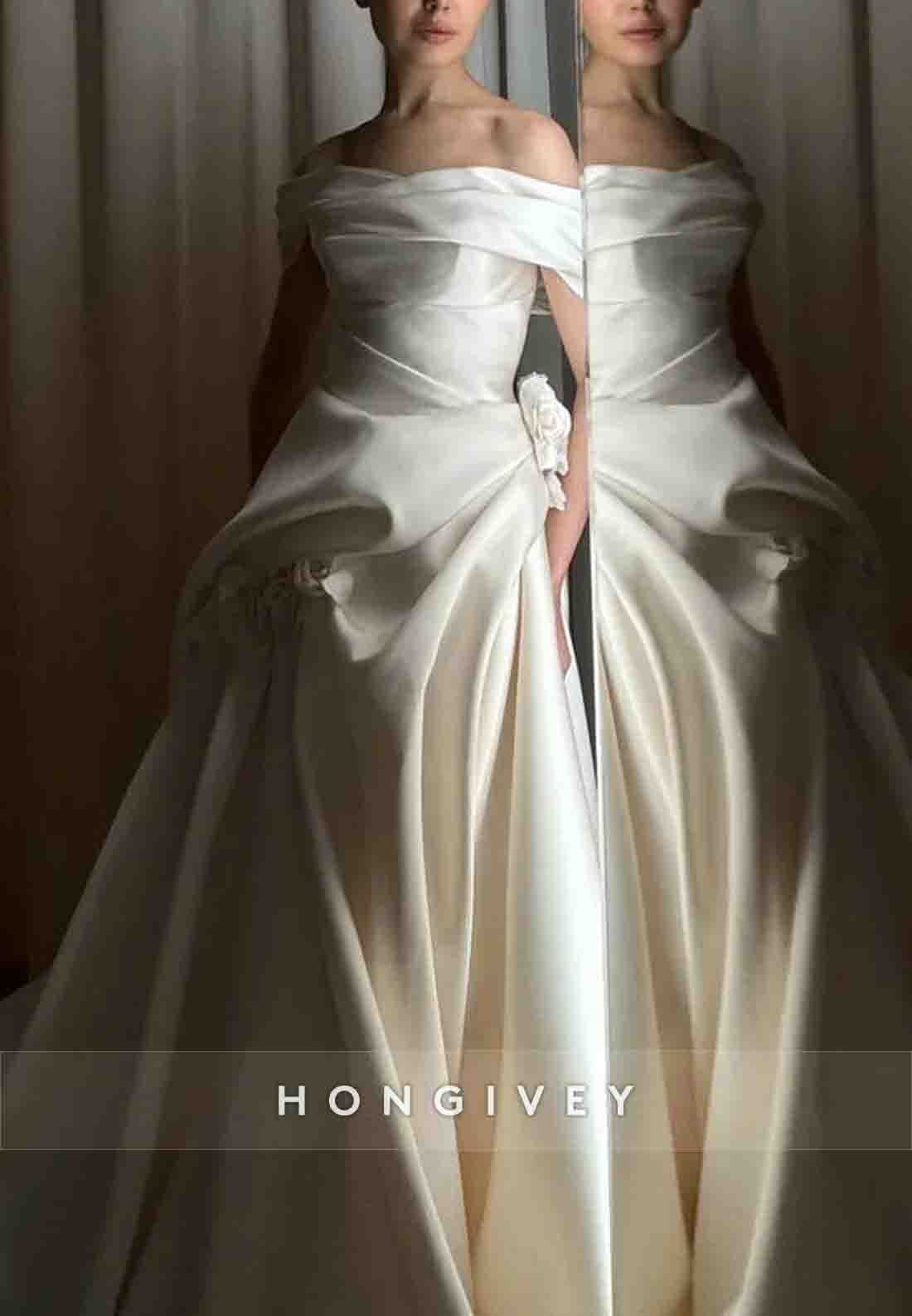 Flowers Chapel Train A-line Off the Shoulder Pleated Wedding Dresses